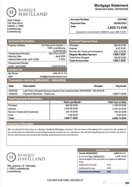 Download Luxembourg Banque Havilland mortgage statement Word and PDF template Photoshop template